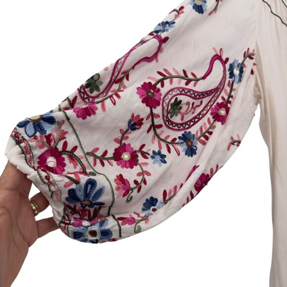 Max Studio Womens Embroidered Sleeve Boho Peasant Blouse SZ S 100% Rayon Beige - Picture 3 of 11